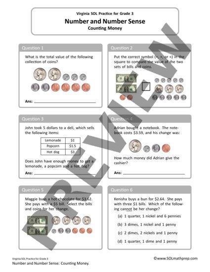 Grade 3 Math Worksheet: Counting Money (Preview)