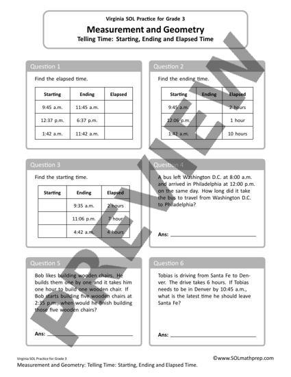 Grade 3 Math Worksheet: Telling Time: Starting, Ending and Elapsed Time (Preview)
