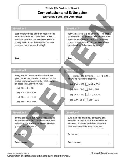 Grade 3 Math Worksheet: Estimating Sums and Differences (Preview)