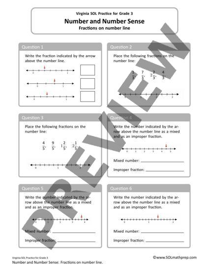 Grade 3 Math Worksheet: Fractions on Number Line (Preview)