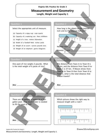 Grade 3 Math Worksheet: Length, Weight and Capacity (Preview)