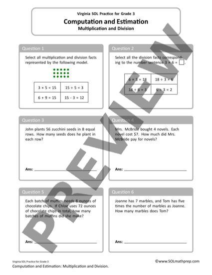 Grade 3 Math Worksheet: Multiplication and Division (Preview)